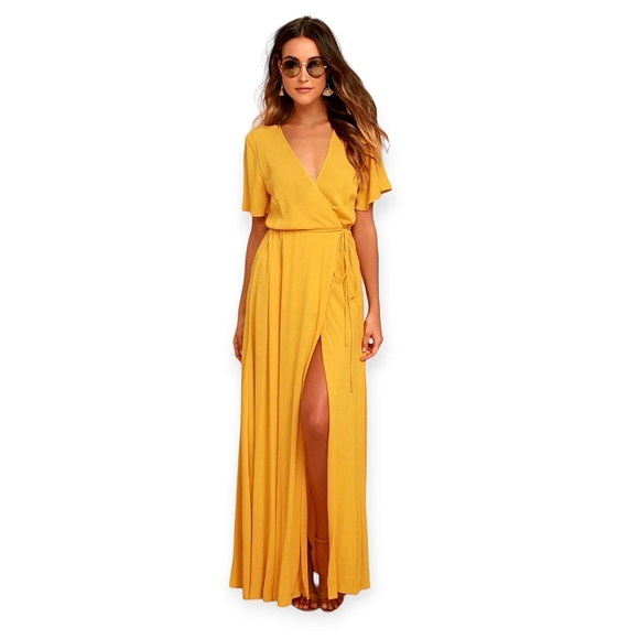 Lulus Dresses & Skirts - Lulu's Size Large Much Obliged Golden Yellow Wrap Maxi Dress